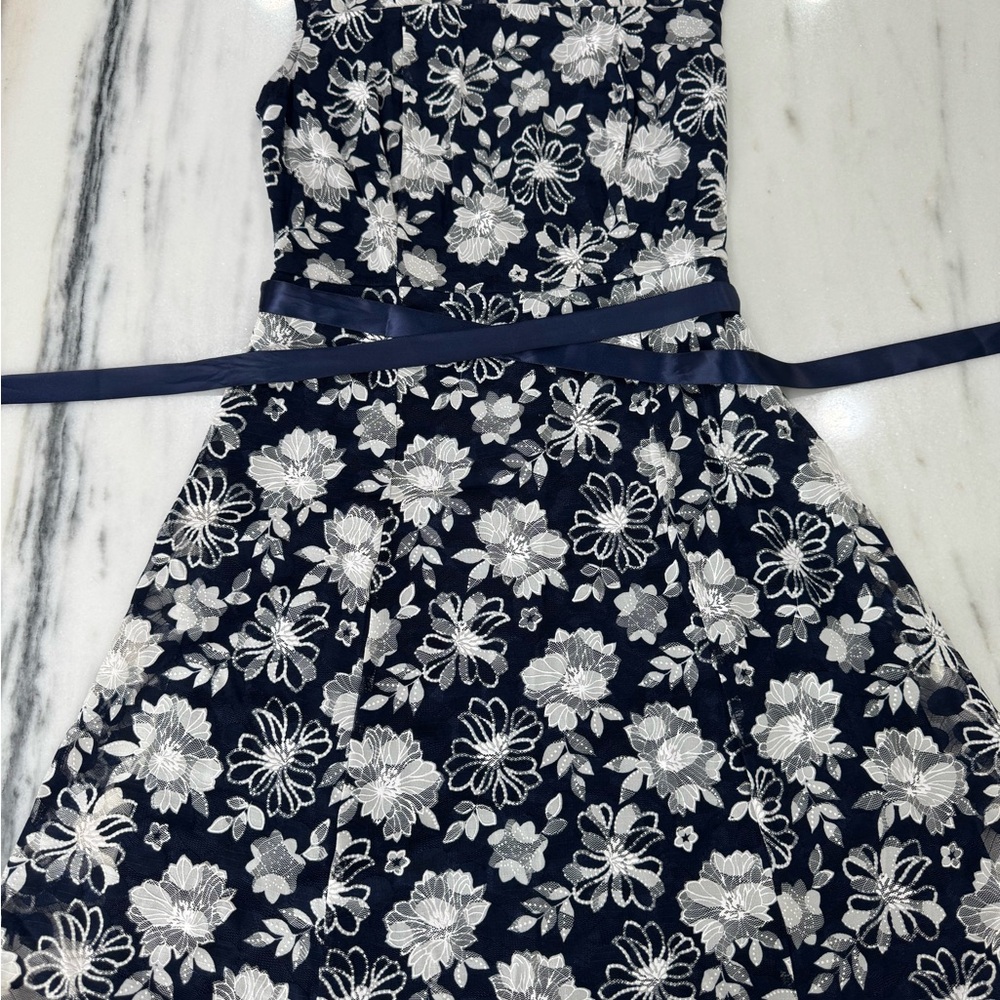Carolee Navy Dress with White Floral Lace and Satin Waist Ribbon